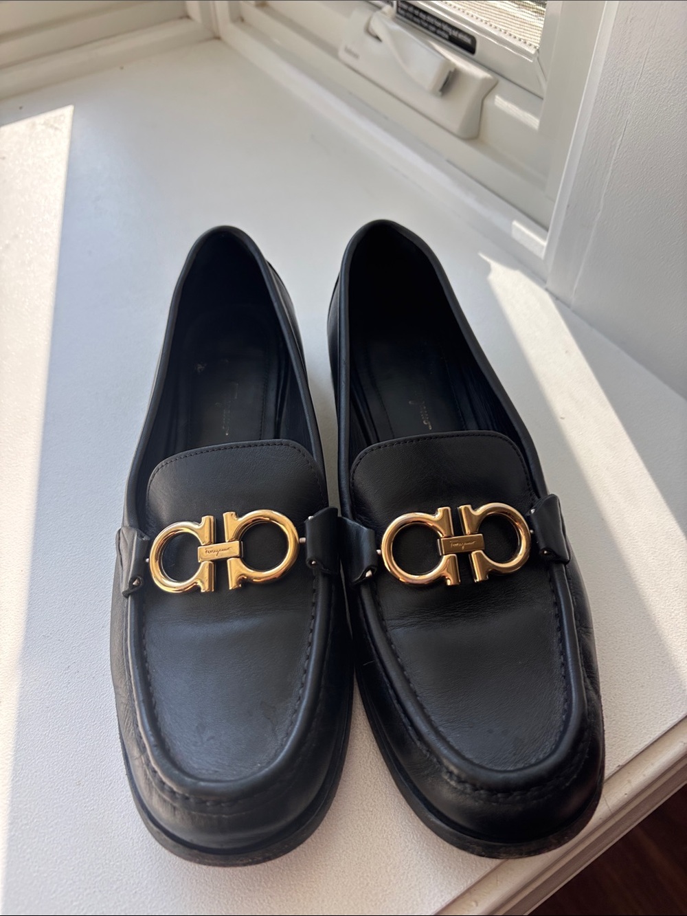 Salvatore Ferragamo Black Leather Loafers with Gold Gancini Hardware